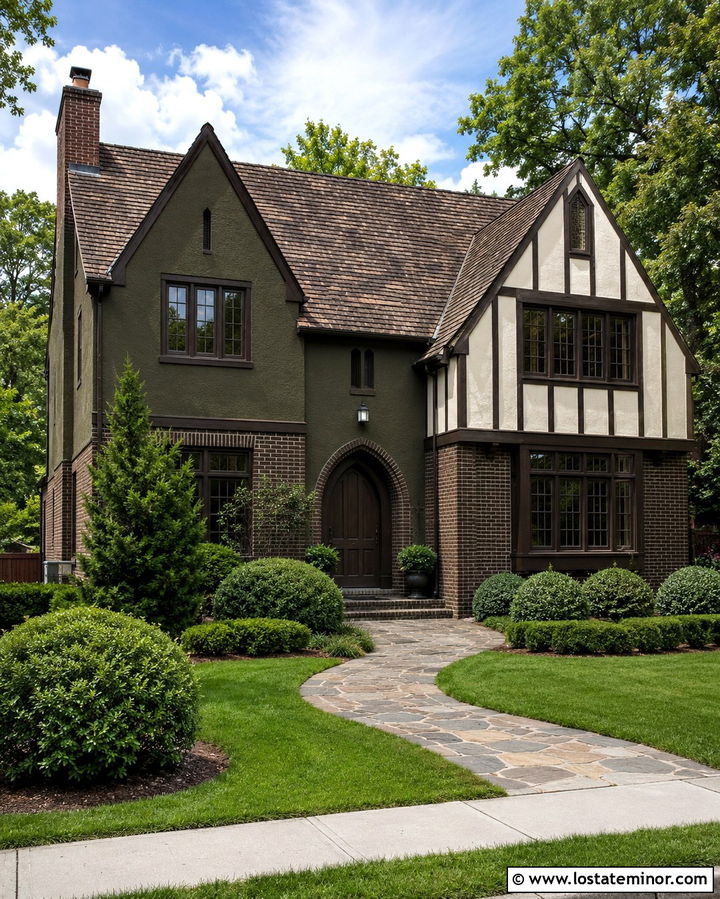 Dark Olive Green Tudor With Brown Window Frames - 30 Olive Green House Design With Window Frames Ideas