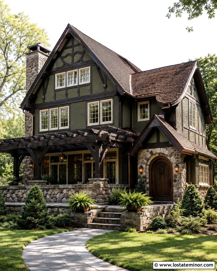 Dark Olive Tudor House With Timber Pergola - 30 Olive Green House Design With Pergola Ideas