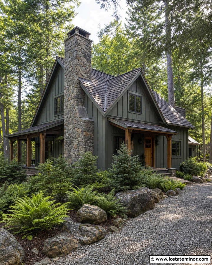 Dark Sage Green Cabin With Stone Chimney - 30 Sage Green House Design With Chimney Ideas