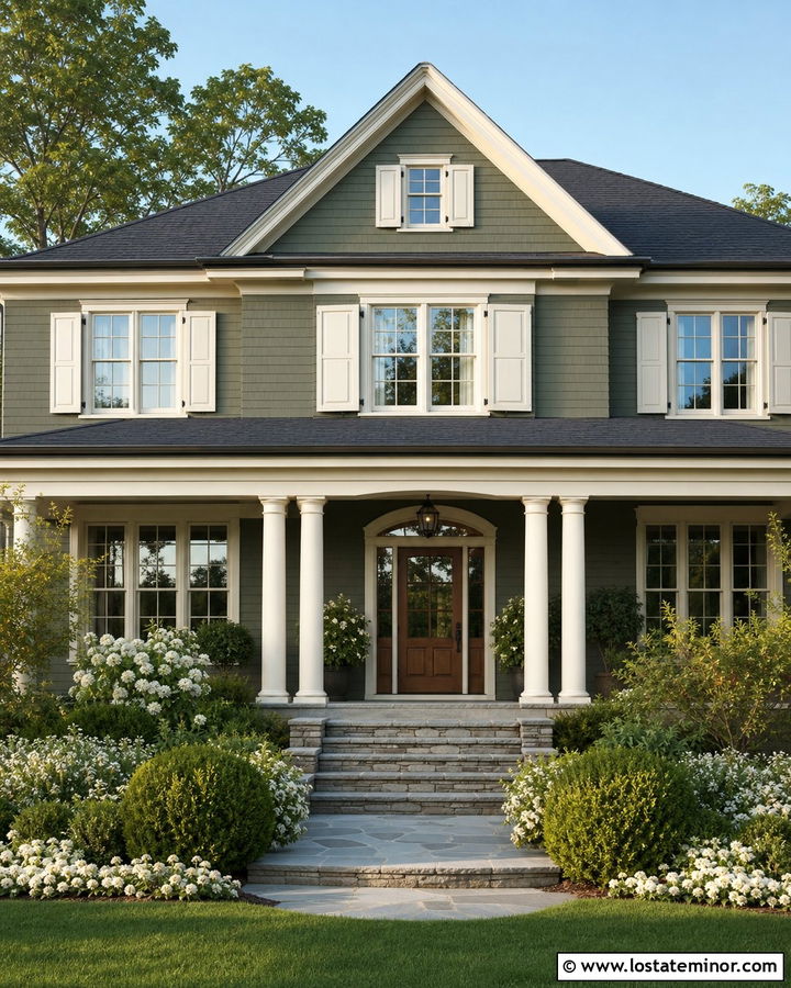 Dark Sage Green House With Cream Shutters - 30 Sage Green House Design With Shutters Ideas