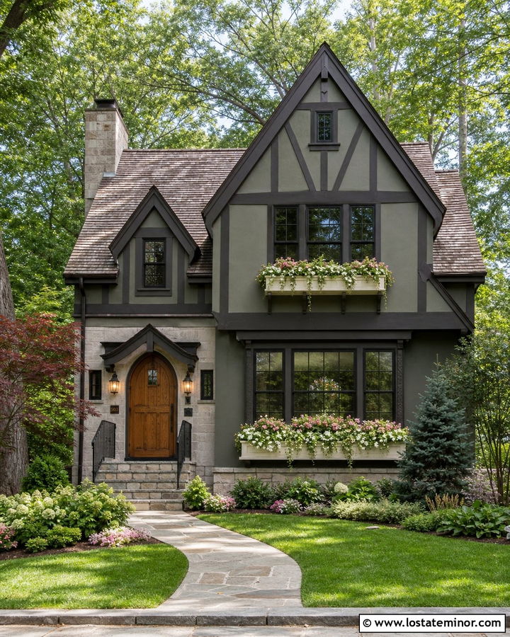Dark Sage Green House With Cream Window Boxes - 30 Sage Green House Design With Window Boxes Ideas