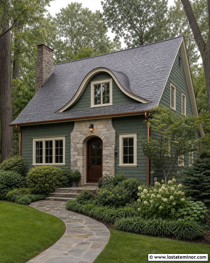 Dark Sage Green House With Eyebrow Dormer - 30 Sage Green House Design With Dormers Ideas