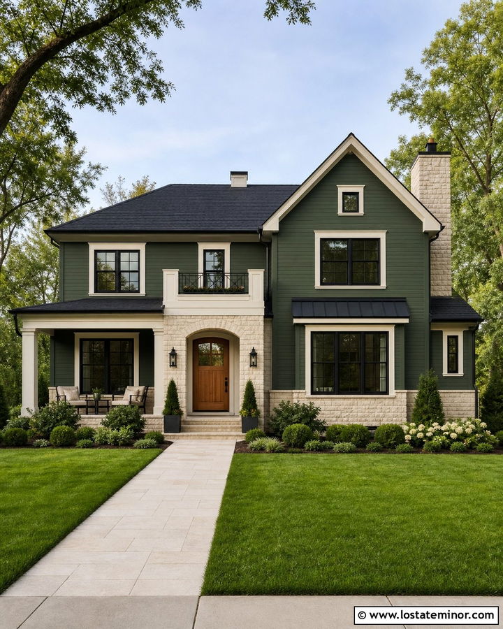 Dark Sage Green House With Light Stone - 30 Sage Green House Design With Stone Accents Ideas