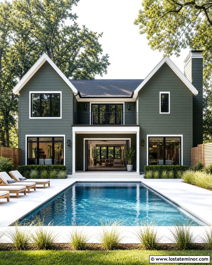 Dark Sage Green House With Pool And White Deck - 30 Sage Green House Design With Swimming Pool Ideas