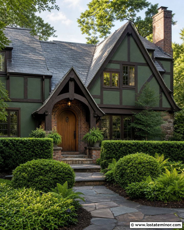 Dark Sage Green Tudor House With Timber Portico - 30 Sage Green House Design With Portico Ideas