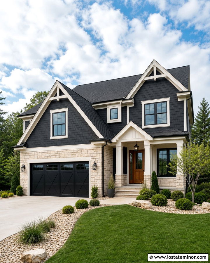 Dark Shingle House With Natural Stone - 30 Stone House Design With Shingles Ideas