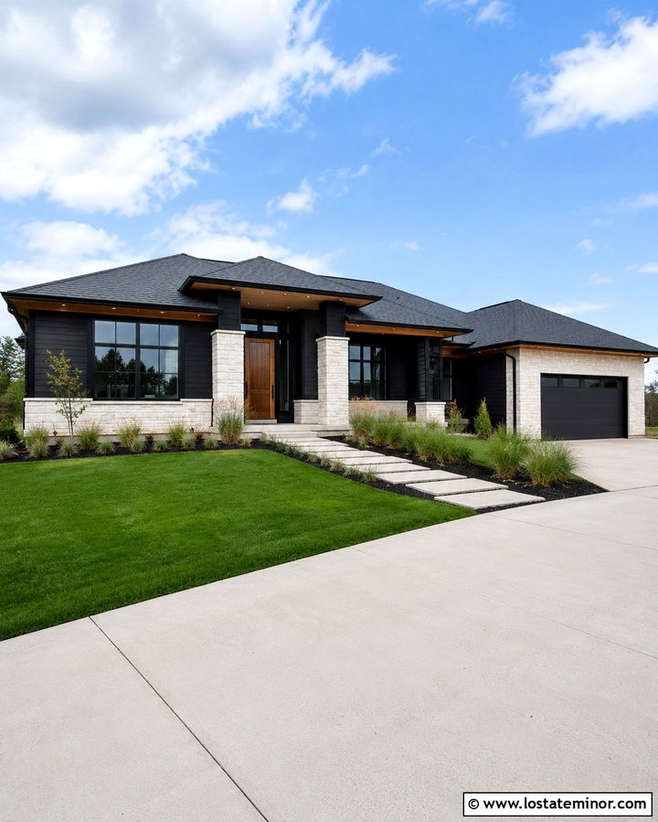 Dark Siding House With Light Stone Accents - 30 Stone House Design With Accents Ideas