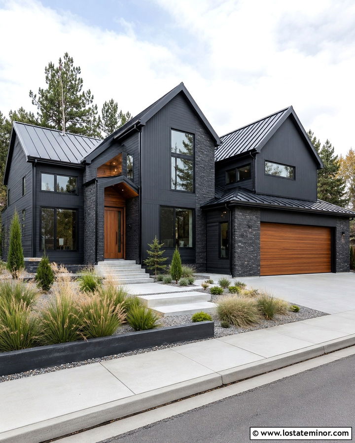 Dark Slate Gray Modern House With Charcoal Stone - 30 Slate Grey House Design With Stone Accents Ideas