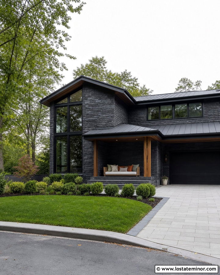 Dark Stone House With Cedar Daybed - 30 Stone House Design With Daybed Ideas