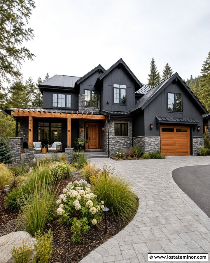 Dark Stone House With Cedar Pergola - 30 Stone House Design With Pergola Ideas