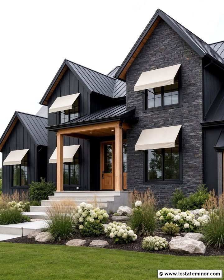 Dark Stone House With Cream Canvas Awning - 30 Stone House Design With Awning Ideas