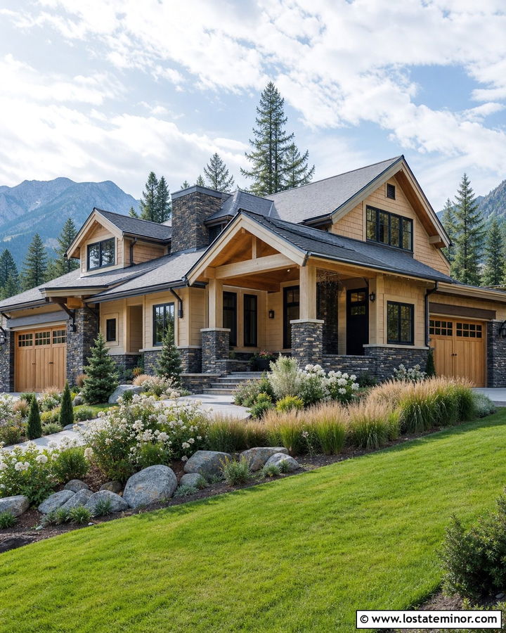 Dark Stone House With Light Cedar Shakes - 30 Stone House Design With Cedar Shake Ideas