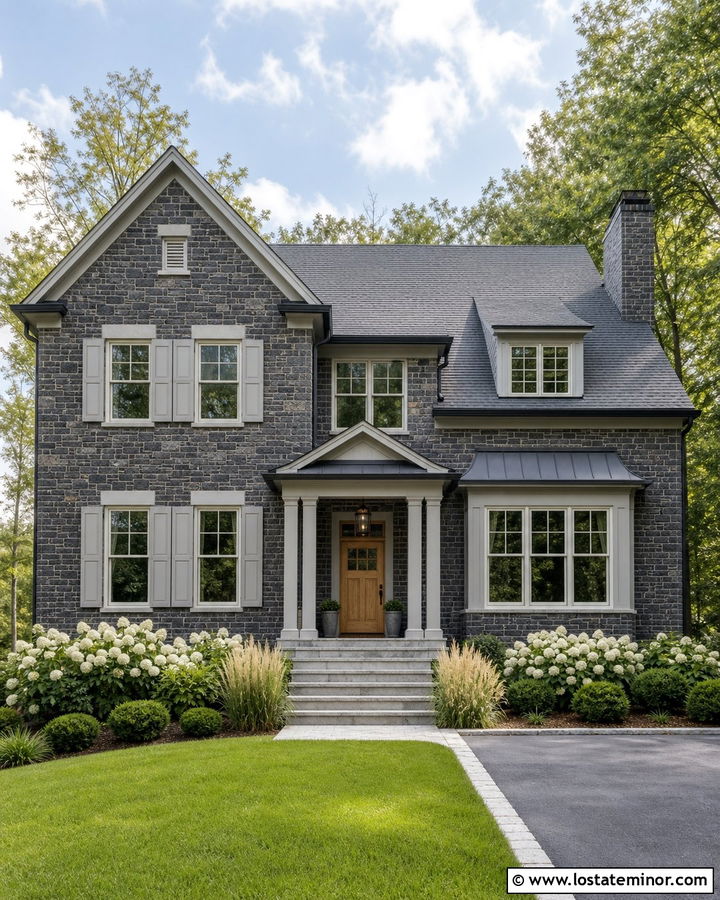 Dark Stone House With Light Gray Shutters - 30 Stone House Design With Shutters Ideas