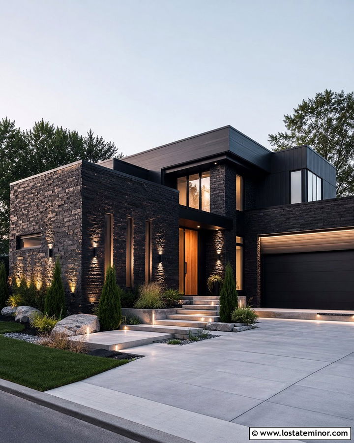 Dark Stone House With Minimalist Slot Lights - 30 Stone House Design With Light Fixtures Ideas