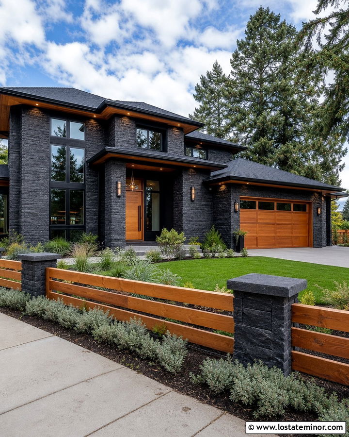 Dark Stone House With Natural Wood Fence - 30 Stone House Design With Fence Ideas