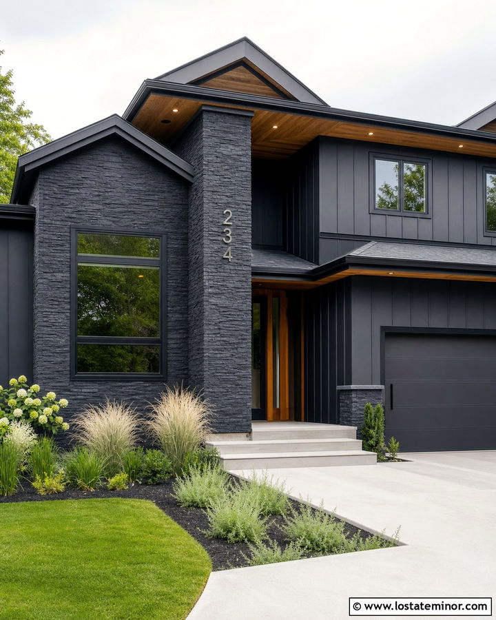 Dark Stone House With Stainless Steel Numbers - 30 Stone House Design With House Numbers Ideas