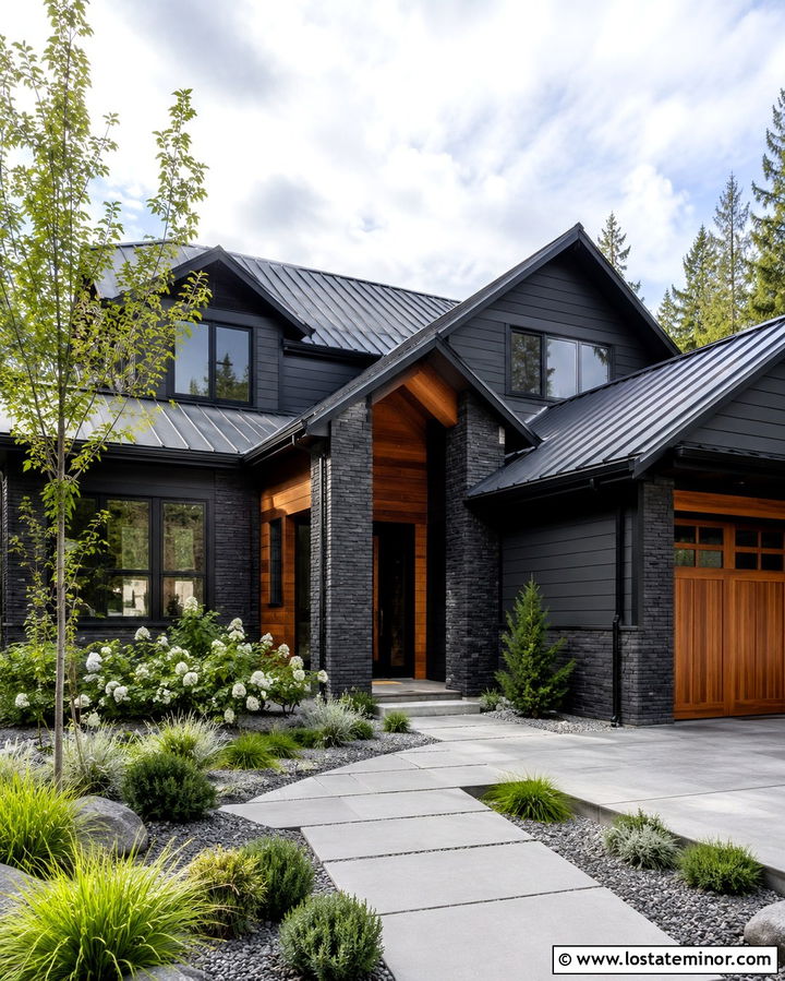 Dark Stone House With Wood Accents - 30 Stone House Design With Front Yard Ideas