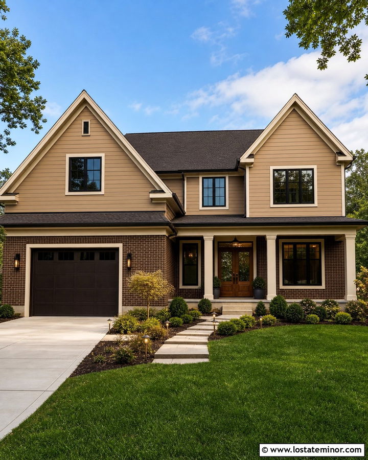 Dark Tan House With Brown Brick Accents - 30 Tan House Design With Brick Accents Ideas