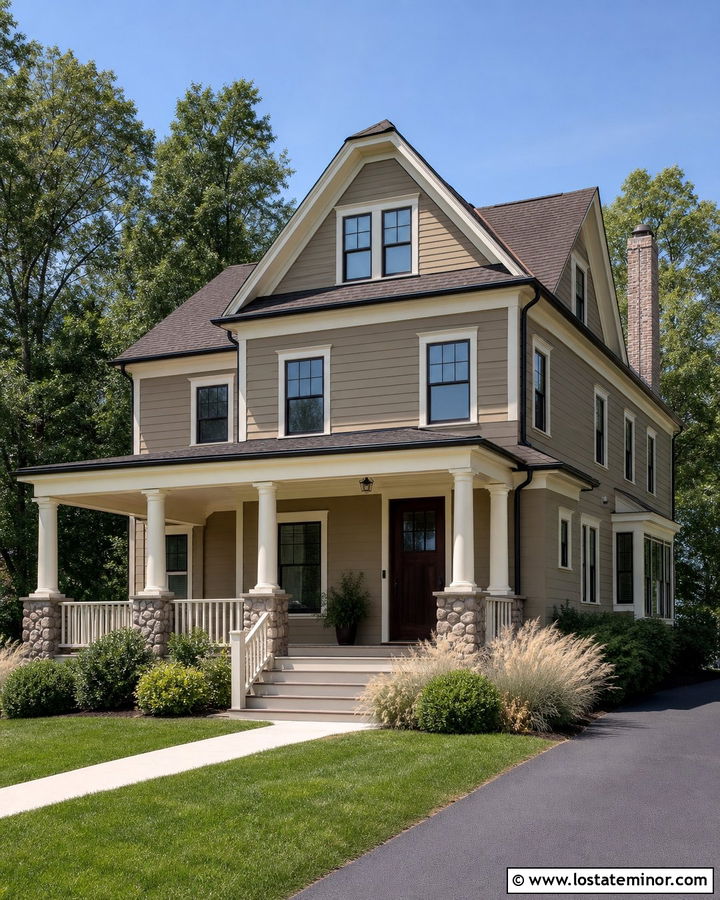 Dark Tan House With Cream Front Porch - 30 Tan House Design With Front Porch Ideas