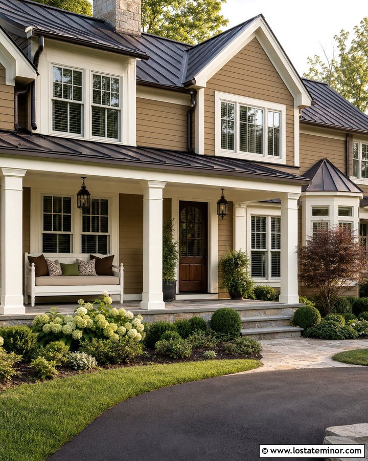 Dark Tan House With Cream Porch Daybed - 30 Tan House Design With Daybed Ideas