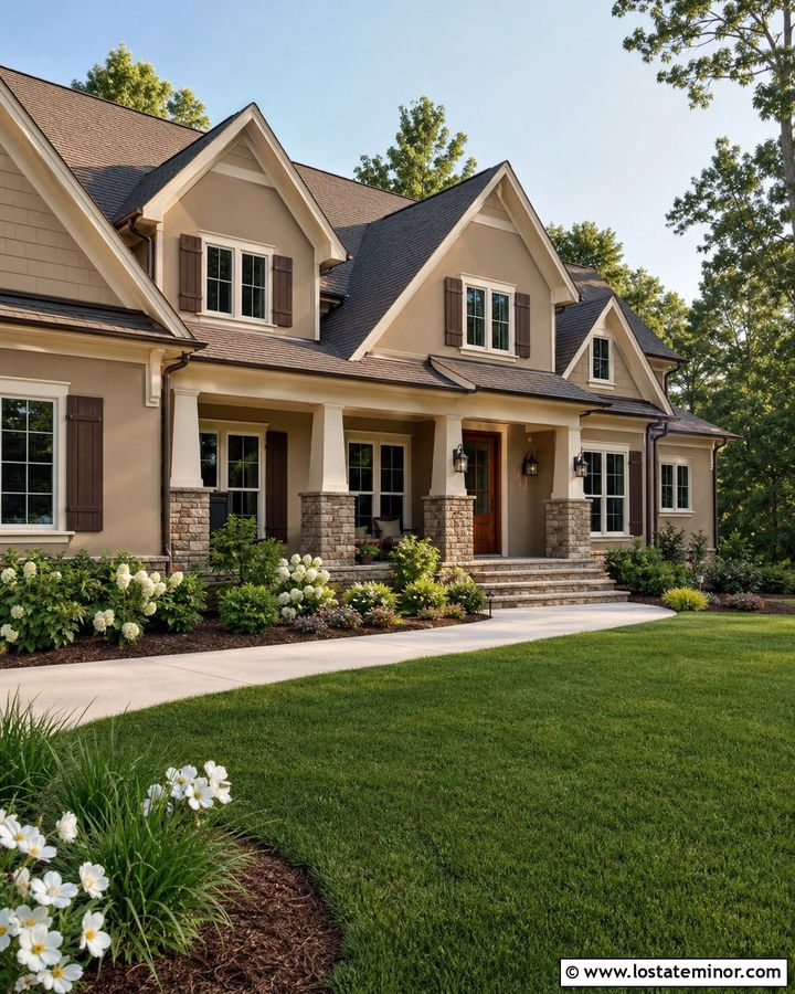 Dark Tan House With Cream Trim And Dormers - 30 Tan House Design With Dormers Ideas