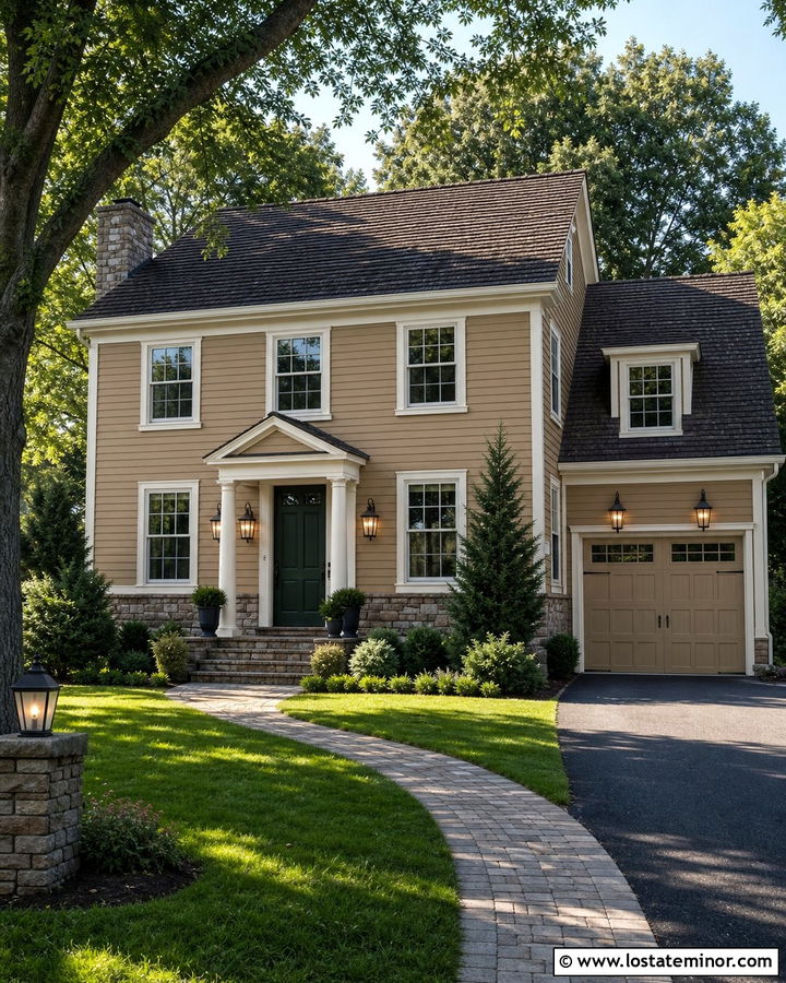 Dark Tan House With Cream Trim And Lanterns - 30 Tan House Design With Lighting Ideas