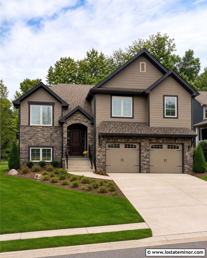 Dark Tan House With Gray Stone - 30 Tan House Design With Stone Accents Ideas