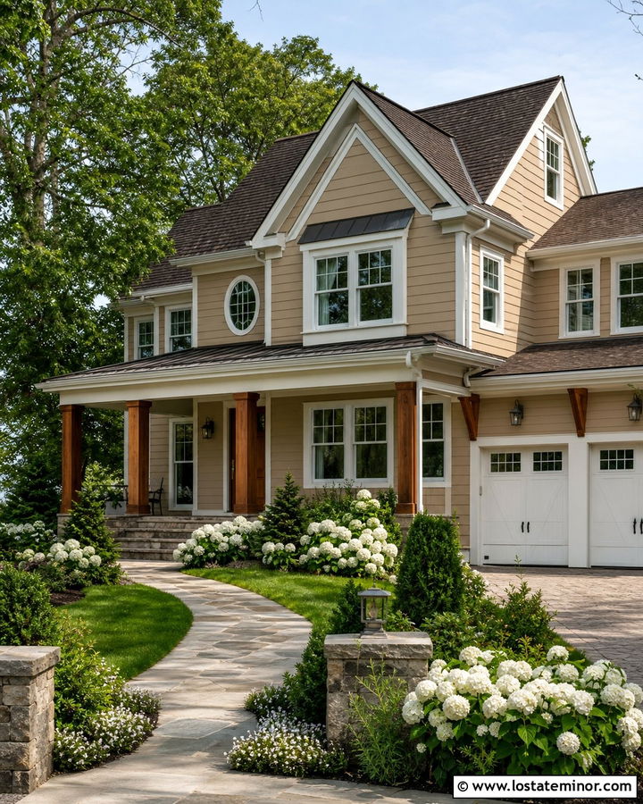 Dark Tan House With White Flower Landscaping - 30 Tan House Design With Landscaping Ideas