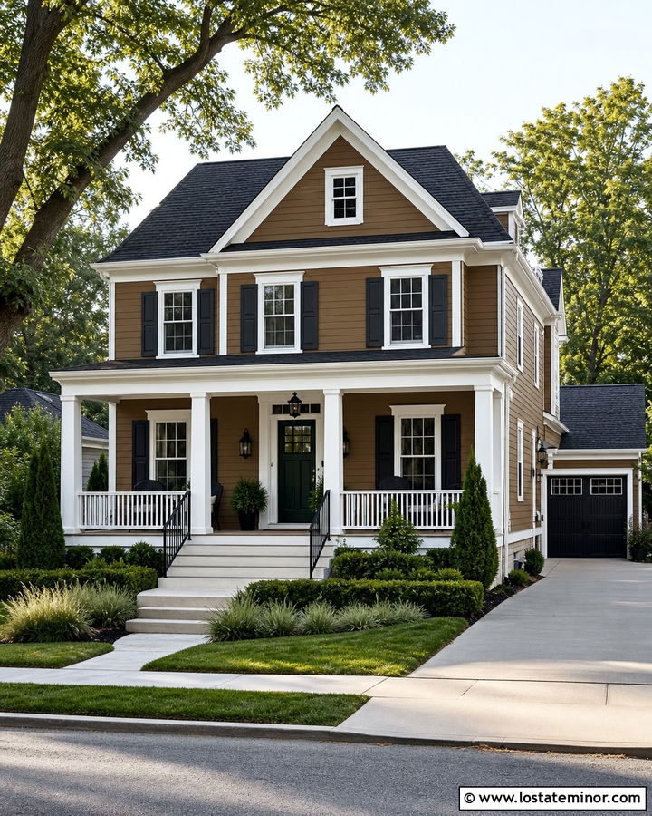Dark Tan House With White Porch Columns - 30 Tan House Design With Porch Columns Ideas