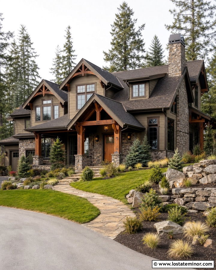 Dark Tan Mountain House With Charcoal Brown Shingles - 30 Tan House Design With Shingles Ideas
