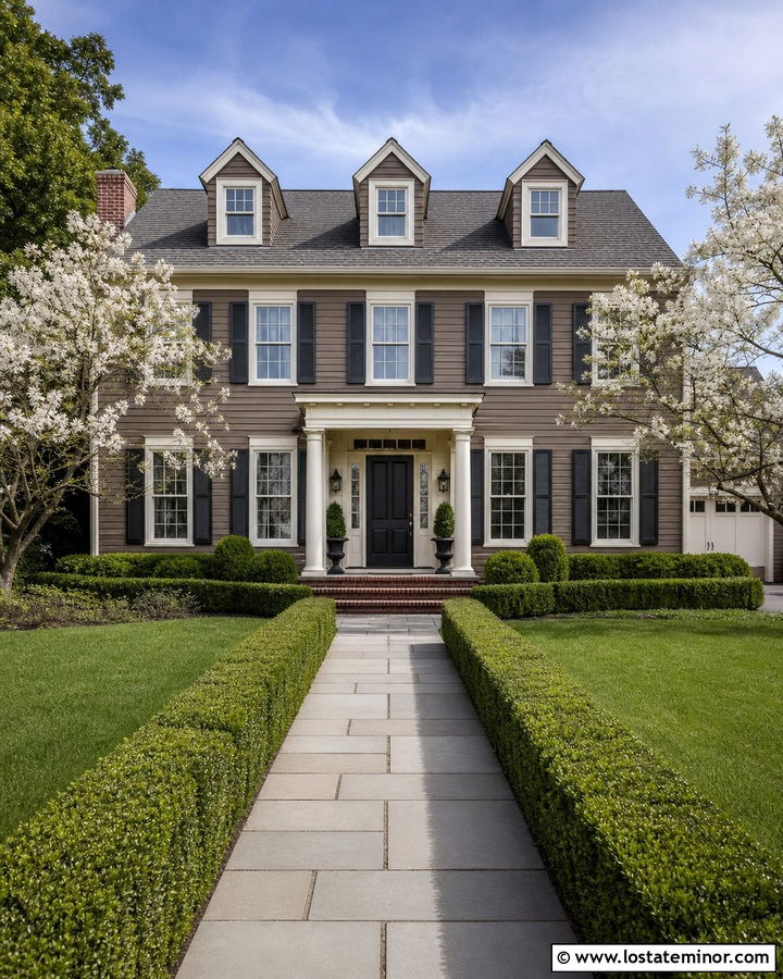Dark Taupe Colonial With Three Dormers - 30 Taupe House Design With Dormers Ideas