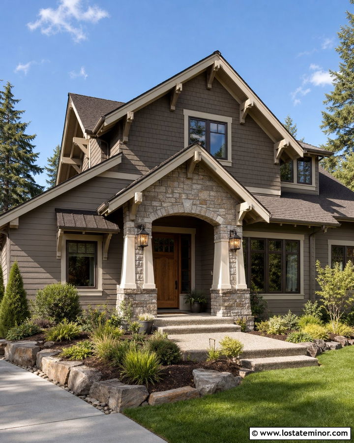 Dark Taupe Craftsman With Stone Portico - 30 Taupe House Design With Portico Ideas