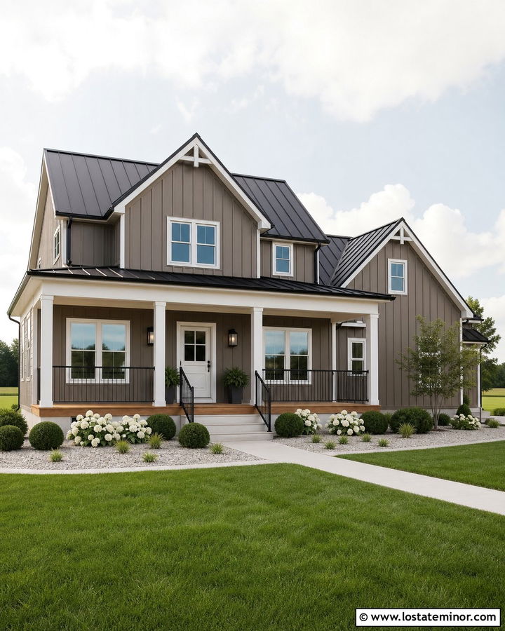 Dark Taupe Farmhouse With White Dutch Door - 30 Taupe House Design With Dutch Door Ideas