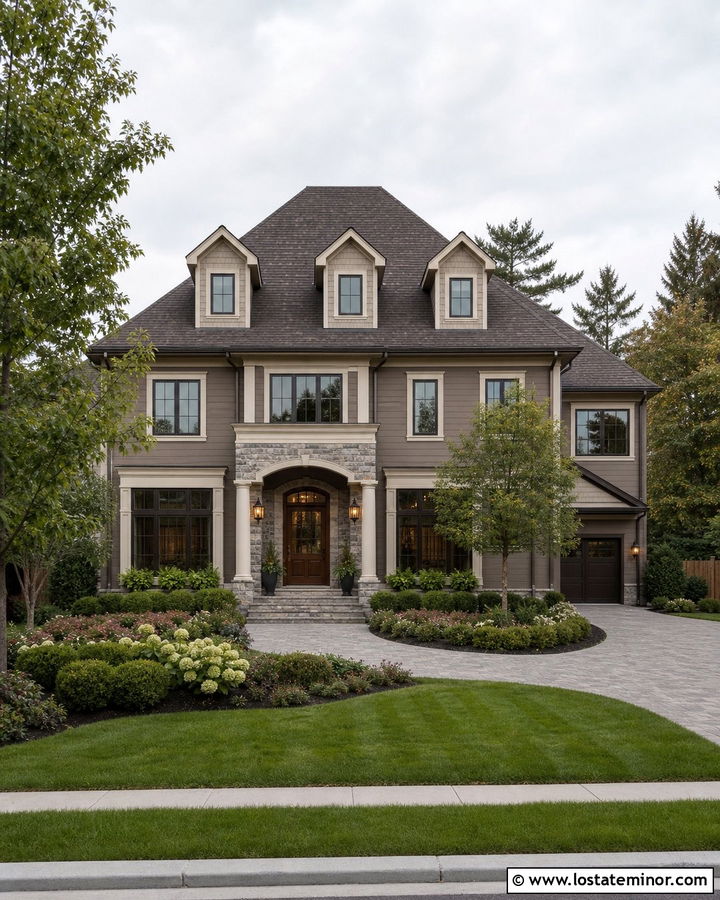 Dark Taupe Home With Light Taupe Dormers - 30 Taupe House Design With Dormers Ideas