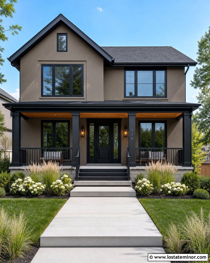 Dark Taupe House With Black Front Porch - 30 Taupe House Design With Front Porch Ideas