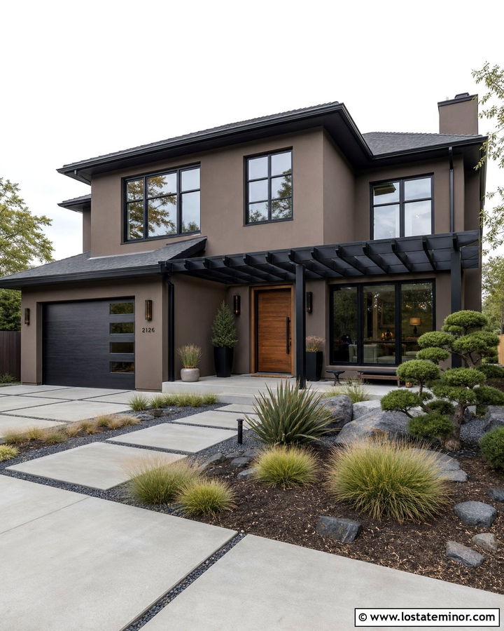 Dark Taupe House With Black Pergola - 30 Taupe House Design With Pergola Ideas