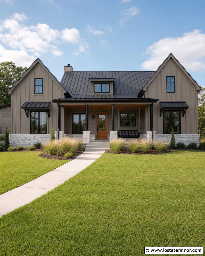 Dark Taupe House With Black Porch Swing - 30 Taupe House Design With Swing Ideas