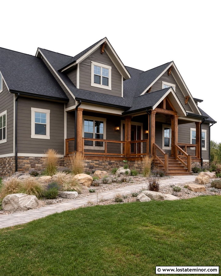 Dark Taupe House With Cedar Railings - 30 Taupe House Design With Railings Ideas