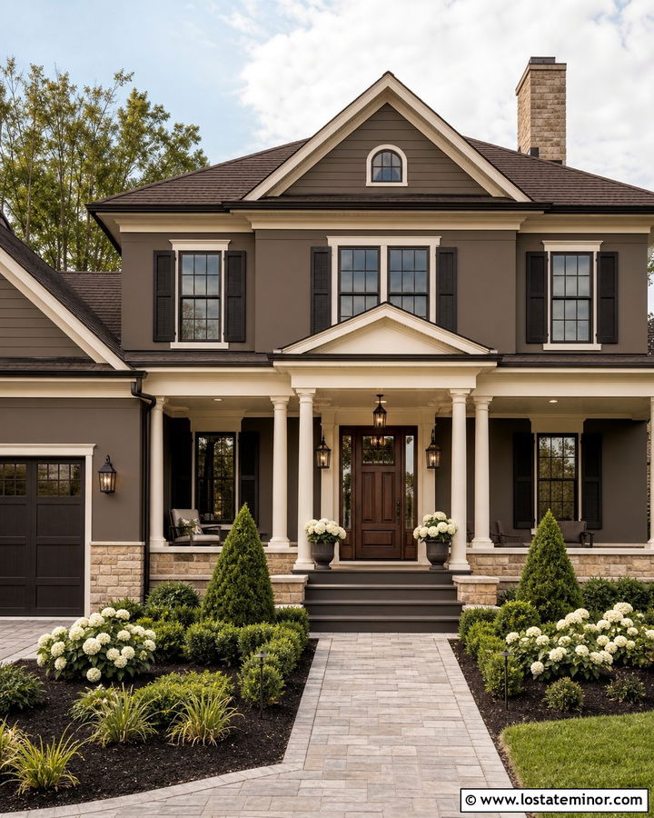 Dark Taupe House With Cream Porch Ceiling - 30 Taupe House Design With Porch Ceiling Ideas