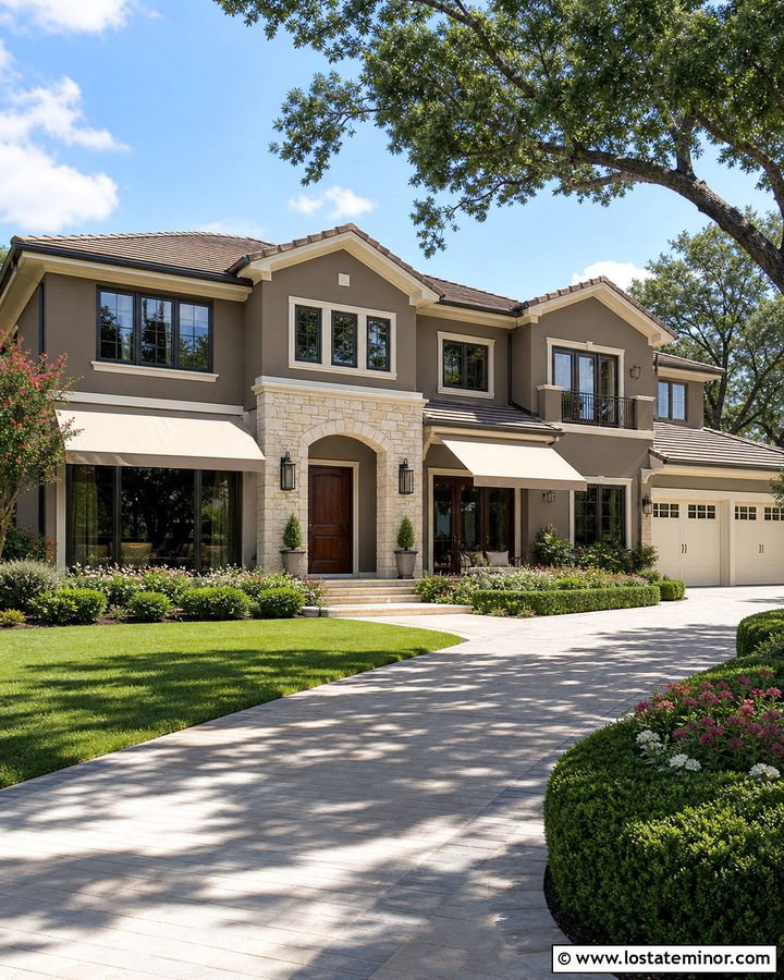 Dark Taupe House With Cream Retractable Awnings - 30 Taupe House Design With Awning Ideas