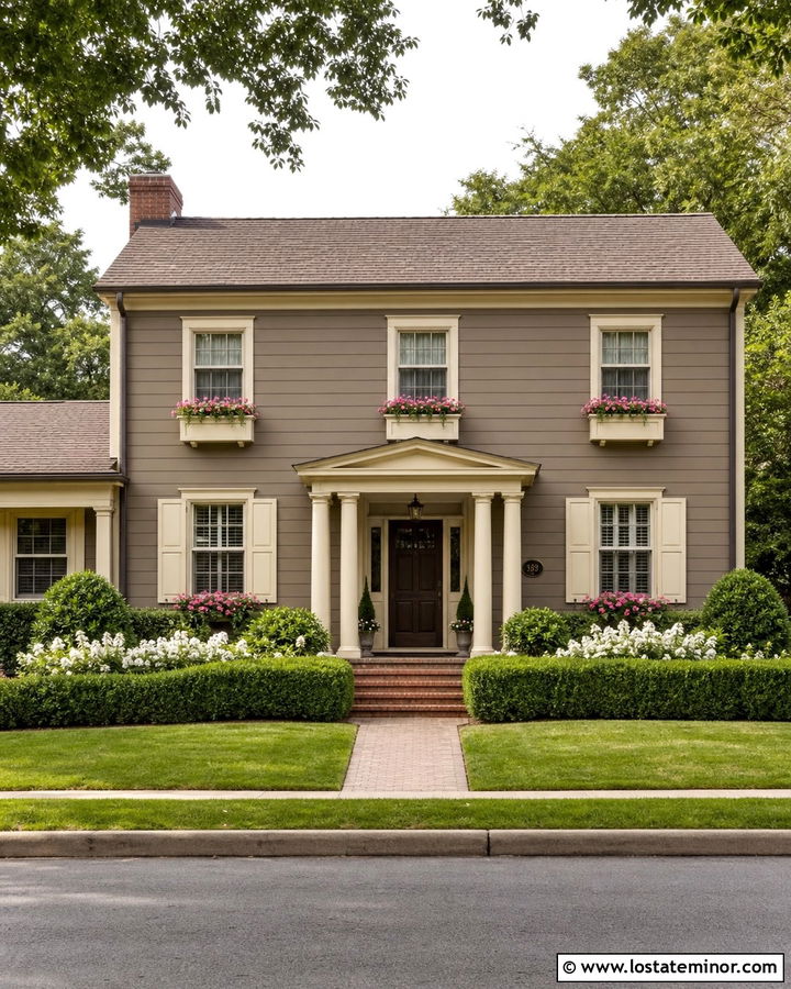 Dark Taupe House With Cream Window Boxes - 30 Taupe House Design With Window Boxes Ideas
