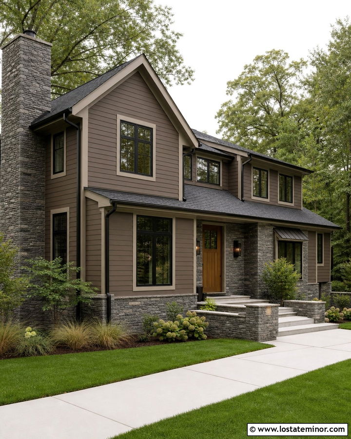 Dark Taupe House With Gray Stone Chimney - 30 Taupe House Design With Chimney Ideas