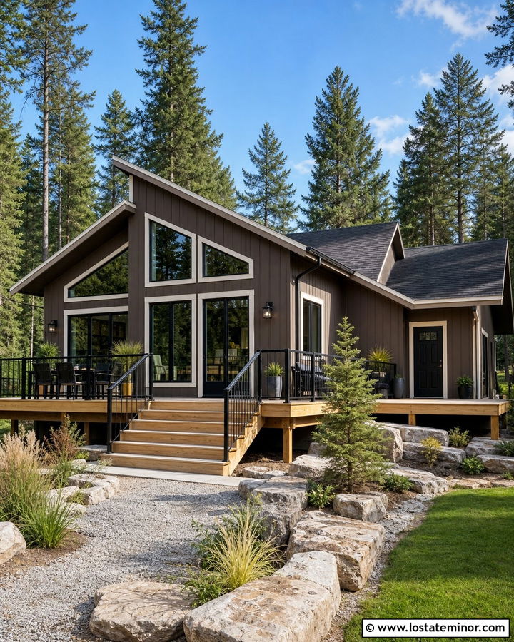 Dark Taupe House With Light Wood Deck - 30 Taupe House Design With Deck Ideas