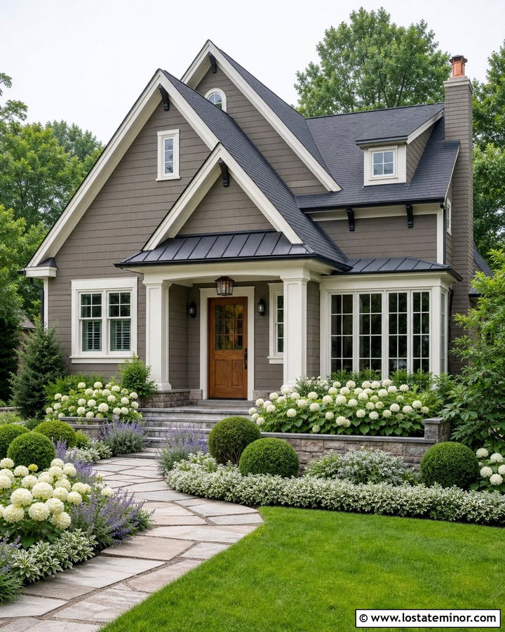 Dark Taupe House With White Flower Garden - 30 Taupe House Design With Front Yard Ideas