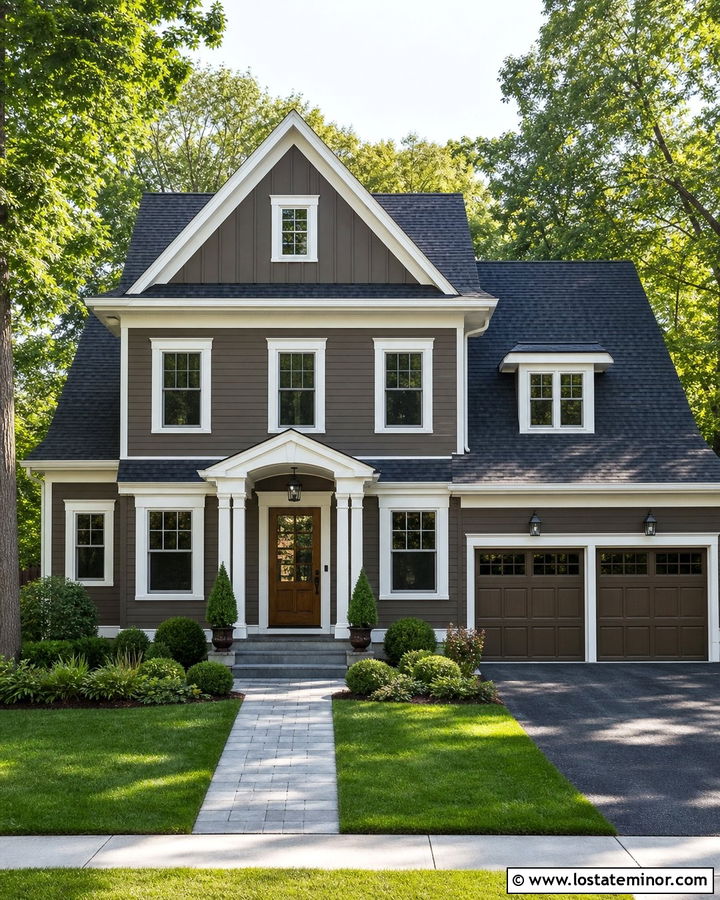 Dark Taupe House With White Gable Trim - 30 Taupe House Design With Gables Ideas