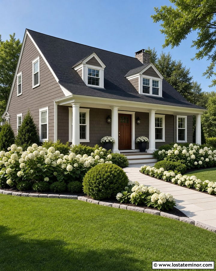 Dark Taupe House With White Hydrangea Landscaping - 30 Taupe House Design With Landscaping Ideas
