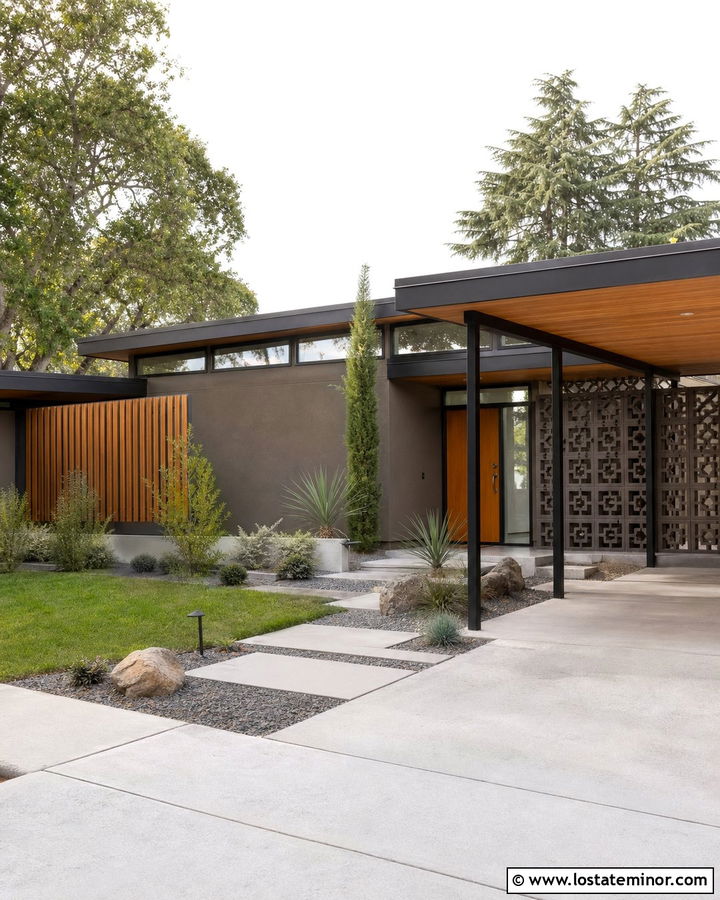 Dark Taupe Midcentury House With Carport - 30 Taupe House Design With Carport Ideas