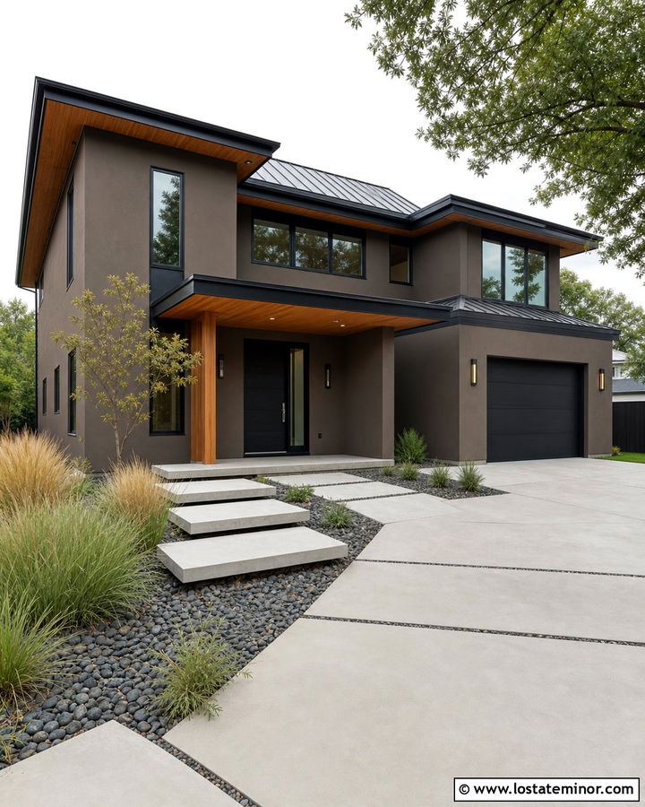 Dark Taupe Modern House With Concrete Steps - 30 Taupe House Design With Steps Ideas
