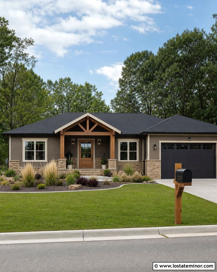 Dark Taupe Ranch House With Cedar Mailbox Post - 30 Taupe House Design With Mailbox Ideas