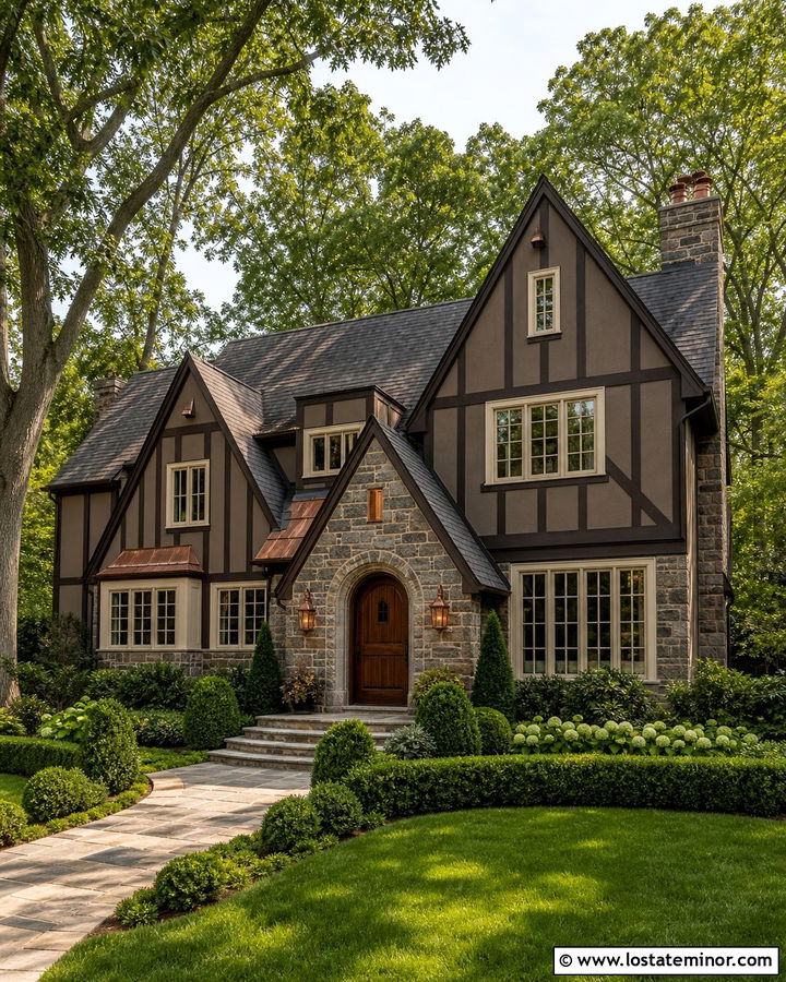 Dark Taupe Tudor With Copper Lighting - 30 Taupe House Design With Lighting Ideas